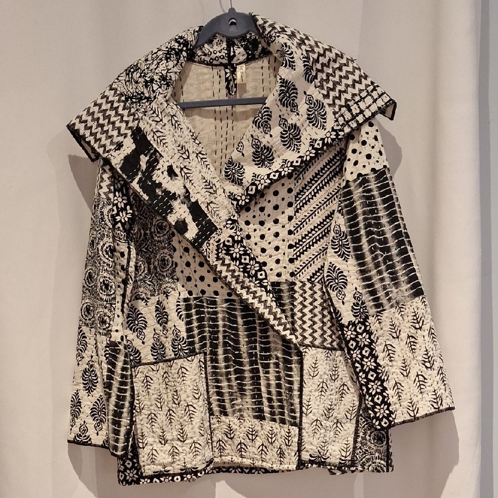 Basil Lagenlook Patchwork Jacket Black And White Mixed Print Size L/XL